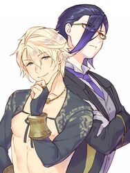  2boys aladdin_(sinoalice) arabian_clothes bad_id bad_pixiv_id bare_pectorals black_hair blonde_hair bridal_gauntlets butler closed_mouth collared_shirt formal fringe_trim glasses gloves hameln_(sinoalice) highres jewelry male_focus multicolored_hair multiple_boys nagatekkou necklace necktie nipples pectorals purple_hair red_eyes ribbon shirt short_hair simple_background sinoalice skky3 smile smug two-tone_hair white_background white_gloves 