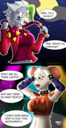  2022 absolute_boom absurd_res amazed anthro arm_warmers armwear big_ears biped black_nose bracelet canid canine canis clothed clothing coat collar dialogue digital_media_(artwork) duo english_text exclamation_point eyelashes female five_nights_at_freddy&#039;s five_nights_at_freddy&#039;s:_security_breach fur green_hair grey_body grey_fur hair hi_res holding_object holding_weapon jewelry light mace mammal melee_weapon mina_(mina_the_hollower) mina_the_hollower moon moonlight mouse multicolored_hair murid murine pink_inner_ear pink_nose question_mark red_clothing red_topwear rodent roxanne_wolf scottgames shoulder_pads speech_bubble spiked_bracelet spiked_collar spikes stage stage_lights steel_wool_studios text topwear two_tone_hair weapon whip white_body white_hair wolf worried worried_face worried_look yacht_club_games 