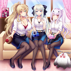  3girls :o alternate_costume baobhan_sith_(fate) barghest_(fate) belt black_bow black_bra black_footwear black_legwear black_skirt blonde_hair blue_eyes blush bow box bra bra_slip breasts cernunnos_(fate) collarbone commentary_request cosplay couch fate/grand_order fate_(series) full_body gift gift_box green_eyes grey_eyes hair_ornament hairbow hairclip heart-shaped_box heterochromia highres huge_breasts indoors large_breasts long_hair matching_outfits melusine_(fate) morgan_le_fay_(chaldea_satellite_station)_(fate) morgan_le_fay_(fate) morgan_le_fay_(fate)_(cosplay) multiple_girls office_lady on_couch one_eye_closed pantyhose photo_(object) pink_curtains purple_hair red_bra red_eyes shirt side_ponytail sidelocks sitting skirt small_breasts smile suzumia_(daydream) underwear valentine very_long_hair white_belt white_hair white_shirt window 