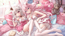  2girls animal_ears bare_arms bare_shoulders breasts camisole cleavage closed_mouth commentary_request criss-cross_halter crown detached_sleeves dress fox_ears gloves grey_hair hair_between_eyes hair_ornament hairclip halterneck hand_up hat highres honkai_(series) honkai_impact_3rd long_hair looking_at_viewer medium_breasts mini_crown multiple_girls no_shoes nurse nurse_cap parted_lips pennant pillow pink_dress pink_hair puffy_short_sleeves puffy_sleeves purple_eyes rabbit_ears short_shorts short_sleeves shorts soles string_of_flags stuffed_animal stuffed_toy teddy_bear theresa_apocalypse theresa_apocalypse_(sakuno_rondo) thighhighs tilted_headwear very_long_hair white_camisole white_gloves white_shorts white_sleeves white_thighhighs x_hair_ornament yae_sakura yae_sakura_(gyakushinn_miko) yutian_alice 