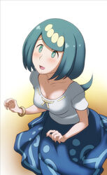  blouse blue_eyes blue_hair blue_skirt blush bracelet breasts cleavage collarbone dress ero_kaeru female freckles hair_ornament jewelry lana&#039;s_mother_(pokemon) long_hair long_skirt mature_female medium_breasts open_mouth pokemon pokemon_(anime) pokemon_sm_(anime) shirt short_sleeves skirt smile solo swept_bangs white_shirt 