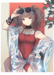  adjusting_eyewear angelina_(arknights) angelina_(summer_flower)_(arknights) animal_ears arknights arm_up bare_shoulders black_choker breasts brown_hair casual_one-piece_swimsuit choker commentary cowboy_shot eyewear_on_head female flower fox_ears fox_tail hand_on_own_hip highres jewelry kamatpit long_hair looking_at_viewer medium_breasts necklace off_shoulder official_alternate_costume one-piece_swimsuit red_eyes red_flower red_one-piece_swimsuit smile solo spaghetti_strap standing sunglasses swimsuit tail twintails 