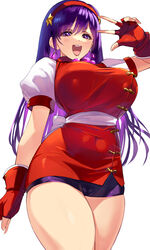  absurdres asamiya_athena bead_necklace beads blush breasts covered_navel female fingerless_gloves from_below gloves hair_ornament hairband highres jewelry large_breasts necklace negresco open_mouth partially_fingerless_gloves psycho_soldier purple_eyes purple_hair red_gloves red_hairband solo star_(symbol) star_hair_ornament the_king_of_fighters the_king_of_fighters_&#039;98 w white_background 