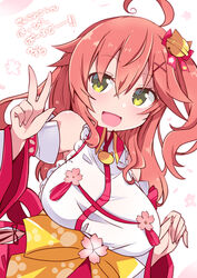  ahoge bare_shoulders bell breasts cherry_blossom_print cherry_blossoms commentary_request dated detached_sleeves female floral_print green_eyes hair_bell hair_between_eyes hair_ornament hairclip highres hololive long_hair one_side_up open_mouth pink_hair sakura_miko sakura_miko_(1st_costume) shirogane_(platinum) solo upper_body virtual_youtuber w wide_sleeves x_hair_ornament 