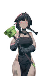  absurdres apron bad_id bad_pixiv_id black_apron black_choker black_gloves black_hair braid breasts choker commentary cowboy_shot dirty female gloves hair_ornament highres holding_plunger huang_(volt0526) medium_breasts naked_apron original plunger red_eyes shiny_skin sideboob simple_background solo standing tareme thighs twin_braids wavy_mouth white_background 