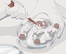  1other 5boys :d absurdres avogado6 brown_hair commentary completely_nude eating feeding heart highres lying mini_person miniboy multiple_boys nude on_side open_mouth original petri_dish smile symbolism syringe 