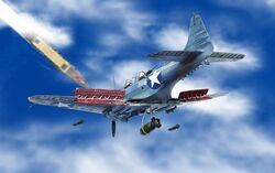  aircraft aircraft_carrier airplane battle battle_of_midway bomb cloud dive_bomber explosive flight_deck historical_event kantai_collection military military_vehicle no_humans ocean propeller sbd_dauntless ship sky soranokakera01 vehicle_focus warship watercraft weapon world_war_ii 