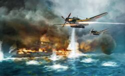  aircraft airplane b7a_ryuusei battle destruction explosion fire firing highres military military_vehicle ocean original propeller smoke soranokakera01 torpedo vehicle_focus weapon 