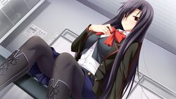  black_footwear black_hair black_jacket black_pantyhose blue_skirt boots bow bowtie breasts closed_mouth collared_shirt dress_shirt dutch_angle female game_cg hair_between_eyes hair_intakes hatozuki_tsumiki indoors jacket kashiwagi_narumi knee_boots large_breasts long_hair long_sleeves looking_at_viewer miniskirt open_clothes open_jacket pantyhose red_bow red_bowtie red_eyes school_uniform shirt sitting skirt solo soukoku_no_arterial straight_hair very_long_hair white_shirt wing_collar 