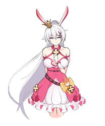  absurdres animal_ears bails bare_shoulders blue_eyes closed_mouth commentary_request cosplay crown dress fake_animal_ears female fox_ears gloves half-closed_eyes highres honkai_(series) honkai_impact_3rd kiana_kaslana korean_commentary long_hair looking_at_viewer off-shoulder_dress off_shoulder pink_dress ponytail short_sleeves simple_background smile solo theresa_apocalypse theresa_apocalypse_(sakuno_rondo) theresa_apocalypse_(sakuno_rondo)_(cosplay) white_background white_gloves white_hair 