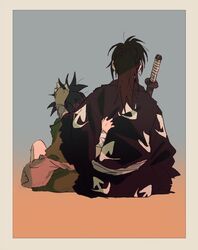  1boy back bandaged_arm bandages black_hair black_kimono dororo_(character) dororo_(tezuka) edmhhhnh female gradient hand_on_another&#039;s_back hand_on_another&#039;s_head hyakkimaru_(dororo) japanese_clothes katana kimono long_hair ponytail sheath sitting sword torn_clothes weapon 