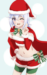  ;d bandeau bike_shorts blush bow bowtie cape chris_(konosuba) christmas cowboy_shot dars_(recolors) detached_sleeves female fur-trimmed_bandeau fur-trimmed_headwear fur-trimmed_shorts fur-trimmed_sleeves fur_trim green_bow green_bowtie green_shorts groin hair_between_eyes hand_on_own_hip hat highres kono_subarashii_sekai_ni_shukufuku_wo! long_sleeves looking_at_viewer midriff navel one_eye_closed open_mouth purple_eyes red_bandeau red_cape red_hat red_shorts red_sleeves santa_costume santa_hat scar scar_on_cheek scar_on_face short_hair short_shorts shorts shorts_under_shorts smile solo standing stomach striped_bow striped_bowtie striped_clothes white_hair 