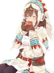  a-chan_(hololive) alternate_costume animal_print ankimo_(tokino_sora) bear_print belt breasts brown_gloves brown_hair brown_pantyhose closed_eyes coffee_mug cup drinking earmuffs female gloves hair_flaps hands_up highres hololive hood kase_(kurimuzone_oruta) lagombi_(armor) leather leather_gloves long_hair monster_hunter_(series) mug pantyhose pom_pom_(clothes) simple_background sitting small_breasts solo steam stitching straight_hair thighs tokino_sora virtual_youtuber white_background winter_clothes 