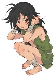  ahoge ankle_wrap armpit_crease bandaged_arm bandaged_leg bandages barefoot black_hair blush brown_eyes commentary dororo_(character) dororo_(tezuka) edmhhhnh female light_blush long_hair parted_lips simple_background solo squatting toenails torn_clothes white_background wrist_wrap 