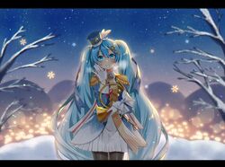  asagao_minoru band_uniform bare_tree blue_eyes blue_hair blue_jacket blue_ribbon blurry blurry_background blush bokeh bow bowtie branch commentary cowboy_shot depth_of_field epaulettes female french_horn gloves hair_ribbon hand_up hat hat_feather hatsune_miku highres holding holding_instrument instrument jacket letterboxed light_blue_hair looking_at_viewer mini_shako_cap miniskirt night night_sky outdoors pantyhose pleated_skirt pokapoka_no_hoshi_(vocaloid) ribbon shako_cap skirt sky smile snow snowflakes solo standing star_(sky) starry_sky striped striped_ribbon tree twintails vocaloid waving white_bow white_gloves white_skirt winter yuki_miku yuki_miku_(2020) 