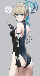  ass black_gloves black_leotard blonde_hair blue_archive blue_eyes blue_halo breasts bun_cover commentary cowboy_shot elbow_gloves expressionless female fingerless_gloves from_behind gloves halo highres leotard looking_at_viewer maid_headdress md5_mismatch multicolored_hair sleeveless sleeveless_turtleneck solo spoken_emoji streaked_hair toki_(blue_archive) turtleneck turtleneck_leotard v yoo_tenchi 