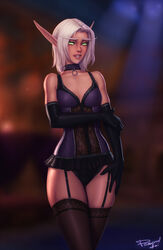  arm_under_breasts artist_name bare_shoulders black_gloves blood_elf_(warcraft) blurry blurry_background breasts choker collarbone commentary cowboy_shot elbow_gloves elf english_commentary female gloves green_eyes hand_on_own_thigh highres looking_at_viewer medium_hair parted_lips personal_ami pointy_ears small_breasts solo thighhighs warcraft white_hair world_of_warcraft 