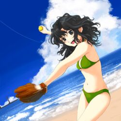  amagami baseball_mitt beach black_eyes black_hair blue_sky breasts cloud day dutch_angle female highres horizon irodori-classical looking_at_viewer medium_breasts medium_hair messy_hair ocean open_mouth outdoors parted_bangs sky smile softball softball_(object) solo tanamachi_kaoru teeth upper_teeth_only 