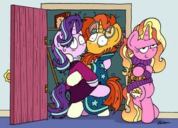  bobthedalek closet clothing door equid equine female friendship_is_magic group hasbro hi_res horn luster_dawn_(mlp) male male/female mammal my_little_pony mythological_creature mythological_equine mythology starlight_glimmer_(mlp) sunburst_(mlp) sweater the_simpsons topwear unicorn 