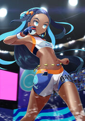  action autism_wanderer bad_id bad_pixiv_id belly_chain bikini black_hair blue_eyes blue_gloves blue_hair blue_shorts blurry blurry_background closed_mouth commentary crop_top dark-skinned_female dark_skin depth_of_field earrings female gloves hair_bun hair_pulled_back highres holding holding_poke_ball hoop_earrings jewelry long_hair looking_to_the_side multicolored_hair navel necklace nessa_(pokemon) poke_ball poke_ball_(basic) pokemon pokemon_swsh shirt shorts single_glove single_hair_bun smile solo sportswear standing swimsuit tankini two-tone_hair white_shirt wristband 