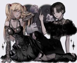  3girls addams_family amane_misa animification armpits bare_shoulders black_choker black_dress black_footwear black_hair black_sleeves blonde_hair braid breasts brown_eyes chains choker cleavage closed_mouth collared_dress crossover death_note death_note_(object) detached_sleeves dress fishnet_thighhighs fishnets grey_background heart highres large_breasts long_hair middle_finger multiple_girls oji_~yo parted_bangs pen print_sleeves rem_(death_note) short_hair short_sleeves thighhighs thing_(addams_family) wednesday_(netflix) wednesday_addams white_background yellow_eyes 