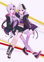  2girls absurdres ahoge androgynous animal_ears anklet arm_around_neck bandaged_leg bandages black_jacket black_shorts chinese_commentary commentary criss-cross_halter crop_top dress flat_chest flower_(gynoid_talk) flower_(vocaloid) fur-trimmed_jacket fur_trim gomiyama gynoid_talk hair_ornament hair_tubes halterneck headset highres hood hooded_jacket jacket jewelry looking_away multicolored_hair multiple_girls nail_polish pantyhose pink_eyes purple_dress purple_eyes purple_hair purple_legwear purple_nails rabbit_ears shoes short_hair short_hair_with_long_locks short_shorts shorts sitting sitting_on_lap sitting_on_person sneakers streaked_hair striped_clothes striped_pantyhose thighhighs vertical-striped_clothes vertical-striped_pantyhose vocaloid voiceroid white_hair yuri yuzuki_yukari 