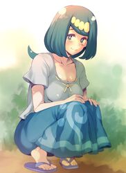  blue_eyes blue_hair blush breasts check_commentary cleavage closed_mouth collarbone commentary_request dress ero_kaeru feet female freckles lana&#039;s_mother_(pokemon) large_breasts long_hair long_skirt looking_at_viewer mature_female pokemon pokemon_(anime) pokemon_sm_(anime) sandals skirt smile solo squatting 