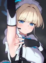  apron arm_up armpit_focus armpits black_gloves blonde_hair blue_archive blue_bow blue_bowtie blue_eyes blue_halo blurry bow bowtie chest_harness closed_mouth commentary depth_of_field dress elbow_gloves expressionless female frilled_apron frills gloves grey_background hair_intakes halo harness looking_at_viewer maid maid_apron maid_headdress portrait presenting_armpit shiny_skin simple_background sleeveless sleeveless_dress solo spread_armpit sweat symbol-only_commentary toki_(blue_archive) traditional_bowtie ushimittsu white_apron 