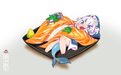  animal_costume animal_hood bare_legs barefoot bloop_(gawr_gura) blue_eyes blue_hair blue_hoodie blunt_bangs carrot chaki_(teasets) chibi commentary eating female fins fish fish_tail food gawr_gura gawr_gura_(1st_costume) hair_ornament highres holding holding_food hololive hololive_english hood hoodie in_food leaf looking_at_viewer lying mini_person minigirl multicolored_hair open_mouth plate rice shark_costume shark_girl shark_hair_ornament shark_hood shark_print shark_tail sharp_teeth sleeves_past_wrists streaked_hair sushi tail teeth two_side_up virtual_youtuber wasabi white_hair 