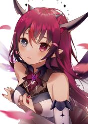  asymmetrical_wings bare_shoulders black_horns blue_eyes blush bridal_gauntlets bright_pupils commentary crystal_wings detached_sleeves female fingernails hair_between_eyes halo hand_on_own_chest hands_up heterochromia hololive hololive_english horns irys_(hololive) irys_(irys_1.0)_(hololive) long_hair looking_at_viewer multicolored_hair nail_polish open_mouth parted_lips pink_eyes pointy_ears purple_hair red_hair red_nails see-through solo streaked_hair very_long_hair virtual_youtuber white_background wings xoaiu 