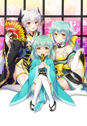  3girls :d aged_down bare_shoulders bikini black_kimono blue_hair blue_kimono blush collarbone commentary_request covering_own_mouth dragon_girl dragon_horns fate/grand_order fate_(series) folding_fan hand_fan highres holding holding_fan horns japanese_clothes kimono kiyohime_(fate) kiyohime_(swimsuit_lancer)_(fate) kiyohime_(swimsuit_lancer)_(first_ascension)_(fate) kiyohime_(third_ascension)_(fate) looking_at_viewer multiple_girls multiple_horns multiple_persona red_eyes sitting smile suzumia_(daydream) swimsuit thighhighs white_hair white_thighhighs yellow_bikini yellow_eyes 