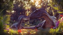  16:9 3d_(artwork) 4k absurd_res blender_(artwork) claws depth_of_field digital_media_(artwork) dinosaur dromaeosaurid extinct fern flower forest grass hi_res indoraptor jurassic_park jurassic_world kretduy light male plant prehistoric_species reptile ripper_(jurassic_world) scalie sunlight teeth theropod tree universal_studios velociraptor velociraptor_(jurassic_park_3) widescreen 