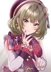  beret blue_eyes chii_(sbshop) dress earrings female frills green_eyes hat heterochromia highres idolmaster idolmaster_cinderella_girls jewelry mole mole_under_eye nail_polish plaid plaid_dress red_nails short_hair sleeveless smile solo takagaki_kaede upper_body writing_on_wall 