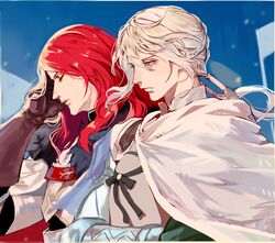  2boys bedivere_(fate) brown_gloves cape closed_eyes closed_mouth commentary fate/grand_order fate_(series) fur_trim gloves green_eyes long_hair male_focus multiple_boys red_hair symbol-only_commentary tristan_(fate) white_hair yepnean 