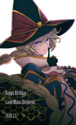  black_gloves blonde_hair blue_eyes braid carol_malus_dienheim character_name commentary_request dated female gloves happy_birthday hat highres mole mole_under_eye rhapsode senki_zesshou_symphogear smile solo white_background witch_hat 