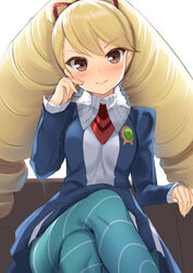  big_hair blonde_hair blue_pantyhose blush breasts closed_mouth crossed_legs drill_hair female highres kageira long_hair looking_at_viewer luna_platz_(mega_man) mega_man_(series) mega_man_star_force pantyhose smile solo striped_clothes striped_pantyhose twin_drills twintails white_background 