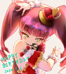  akagi_anna arm_cuffs blush commentary dated detached_sleeves drill_hair female flower flower_in_mouth frilled_cuffs happy_birthday hat hat_flower kiratto_pri_chan orange0150 pretty_series red_hat red_shirt rose shirt single_bare_shoulder sleeveless smile solo twintails v-shaped_eyebrows white_wrist_cuffs wrist_cuffs yellow_eyes 