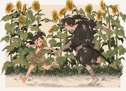  1boy bandaged_arm bandaged_leg bandages barefoot black_hair black_kimono blush brown_eyes dirty dirty_feet doll_joints dororo_(character) dororo_(tezuka) edmhhhnh female flower holding holding_hands hyakkimaru_(dororo) japanese_clothes joints katana kimono light_blush long_hair medium_hair ponytail running scabbard sheath sheathed smile sunflower sword teeth toenails weapon 