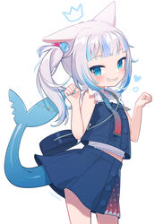  animal_ears blue_eyes blue_hair blue_skirt blush cat_ears commentary female fins fish_tail gawr_gura gawr_gura_(casual) grey_hair hair_ornament heart highres hololive hololive_english midriff_peek multicolored_hair paw_pose shark_girl shark_tail sharp_teeth side_ponytail simple_background skirt smile solo tail teeth twitter_username two-tone_hair uchako virtual_youtuber white_background 