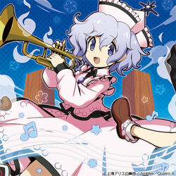  2girls :d bad_id bad_pixiv_id blue_background brown_footwear commentary frilled_hat frilled_socks frills gradient_background hat holding holding_instrument instrument iosys kijimoto_yuuhi long_sleeves looking_at_viewer lyrica_prismriver merlin_prismriver multiple_girls official_art open_mouth pink_headwear pink_skirt purple_eyes purple_hair short_hair skirt smile socks solo_focus touhou touhou_cannonball trumpet white_socks 