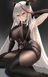  aegir_(azur_lane) armpits azur_lane black_background black_gloves black_legwear black_theme bodystocking breast_curtains breasts covered_navel cross cross-laced_clothes cross_earrings demon_horns earrings female genm7 gloves hand_in_own_hair highres horns iron_cross jewelry large_breasts long_hair looking_at_viewer multicolored_hair red_hair solo streaked_hair two-tone_hair underbust very_long_hair white_hair yellow_eyes 