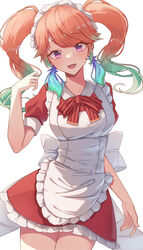  :d absurdres apron aqua_hair blush bow bowtie breasts commentary cowboy_shot dress earrings female frilled_apron frilled_dress frills gradient_hair highres hololive hololive_english jewelry long_hair looking_at_viewer maid maid_headdress medium_breasts multicolored_hair open_mouth orange_hair purple_eyes red_bow red_bowtie red_dress shironekokfp short_dress simple_background smile solo swept_bangs takanashi_kiara twintails virtual_youtuber white_apron white_background 