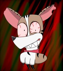  bandana blood bodily_fluids canid canine canis claws cute_fangs domestic_dog fangs feral insane kerchief male mammal maniac manic nightmare_fuel paw_patrol red_eyes sharp_teeth simple_background smile solo striped_body stripes teeth tracker tracker_(paw_patrol) 