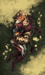  absurd_res anthro antlers brown_body brown_fur cervine closed_eyes cuddling cut_horn deer digital_media_(artwork) duo elk fur hair hi_res holding_head horn hug hyena lying male mammal mo_(momamo) momamo muscular muscular_anthro muscular_male nude outside smile spotted_hyena tterra white_paws 