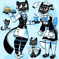  1:1 2022 :3 ambiguous_gender angry anthro anthrofied baronflint bell bell_collar bellabot beverage black_clothing blue_background bottomwear bow_tie burger cel_shading chibi clothing collar cross-popping_vein disembodied_hand domestic_cat dress_shirt duo english_description felid feline felis flat_tail food food_tray footwear fries frilly frilly_clothing full-length_portrait happy head_pat holding_object knee_highs knee_socks legwear long_sleeves maid_uniform mammal multiple_images portrait pudu_robotics screen screen_face shaded shirt shoes simple_background skirt socks soda solo_focus straw_(disambiguation) tail topwear tray uniform vest waiter white_body white_eyes 