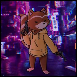  1:1 anthro bottomless chillhop chillhop_raccoon clothed clothing conditional_dnp digital_media_(artwork) fur gun handgun hi_res holding_gun holding_object holding_ranged_weapon holding_weapon hoodie male mammal muffinlewds pistol pistol_out pistols procyonid raccoon ranged_weapon smile solo topwear weapon 