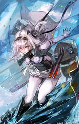  absurdres black_headband bodysuit boots breasts cannon cape chou-10cm-hou-chan_(suzutsuki&#039;s) clothes_writing dated duplicate female grey_cape hachimaki hair_between_eyes headband highres kantai_collection knee_boots long_hair machinery messy_hair nagasawa_tougo ocean outdoors pixel-perfect_duplicate rigging standing standing_on_liquid suzutsuki_(kancolle) torpedo_tubes turret twitter_username white_bodysuit white_hair 