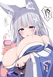  animal_ear_fluff animal_ears areola_slip azur_lane bare_shoulders blue_kimono breast_hold breasts cleavage female food highres himiya_jouzu huge_breasts ice_cream ice_cream_cone japanese_clothes kimono licking licking_breast light_blush light_purple_hair long_hair off_shoulder shinano_(azur_lane) simple_background solo translated white_background wide_sleeves 