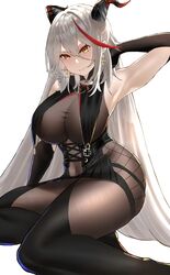  aegir_(azur_lane) armpits azur_lane black_gloves black_legwear bodystocking breast_curtains breasts covered_navel cross cross-laced_clothes cross_earrings demon_horns earrings female genm7 gloves hand_in_own_hair highres horns iron_cross jewelry large_breasts long_hair looking_at_viewer multicolored_hair red_hair simple_background solo streaked_hair two-tone_hair underbust very_long_hair white_background white_hair yellow_eyes 