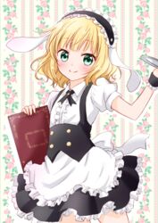  animal_ears apron black_hairband black_ribbon black_skirt blonde_hair blunt_bangs blush bracelet center_frills commentary fake_animal_ears female fleur_de_lapin_uniform frilled_apron frilled_hairband frilled_shirt frills gochuumon_wa_usagi_desu_ka? green_eyes hairband holding holding_menu jewelry kirima_syaro lolita_hairband looking_at_viewer maid maid_apron maid_headdress medium_hair menu miniskirt neck_ribbon puffy_short_sleeves puffy_sleeves rabbit_ears ribbon shirt short_sleeves sidelocks skirt smile solo tiramisu651 underbust waist_apron white_apron white_shirt 